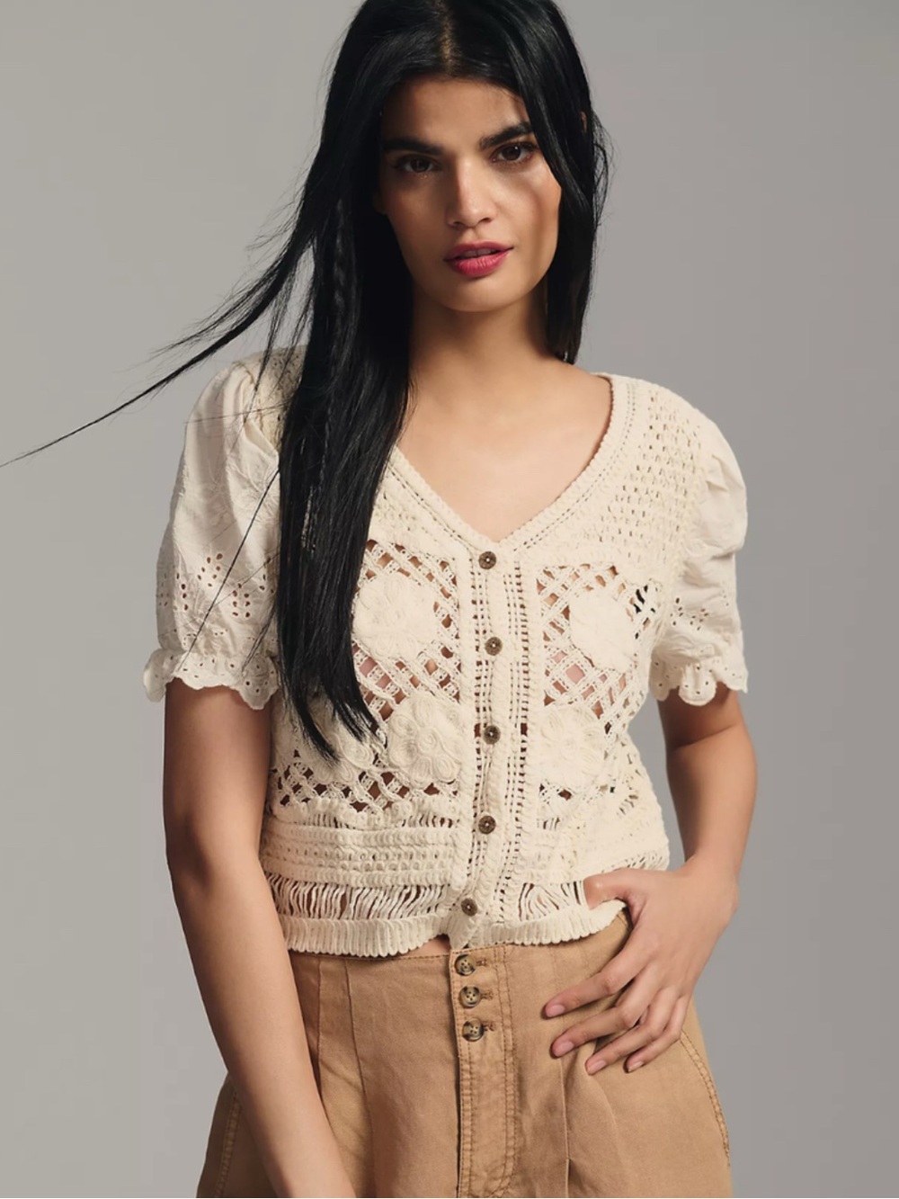ADORA Boho Mixed Media Crotchet Puff Sleeve Cardigan Top Ivory/Cream One Size